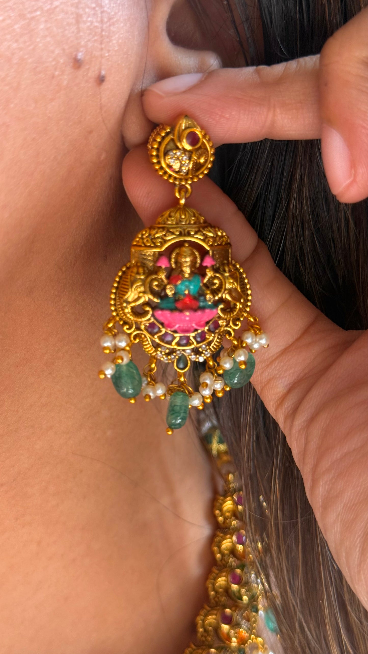 Goddess Laxmi emerald drop temple necklace