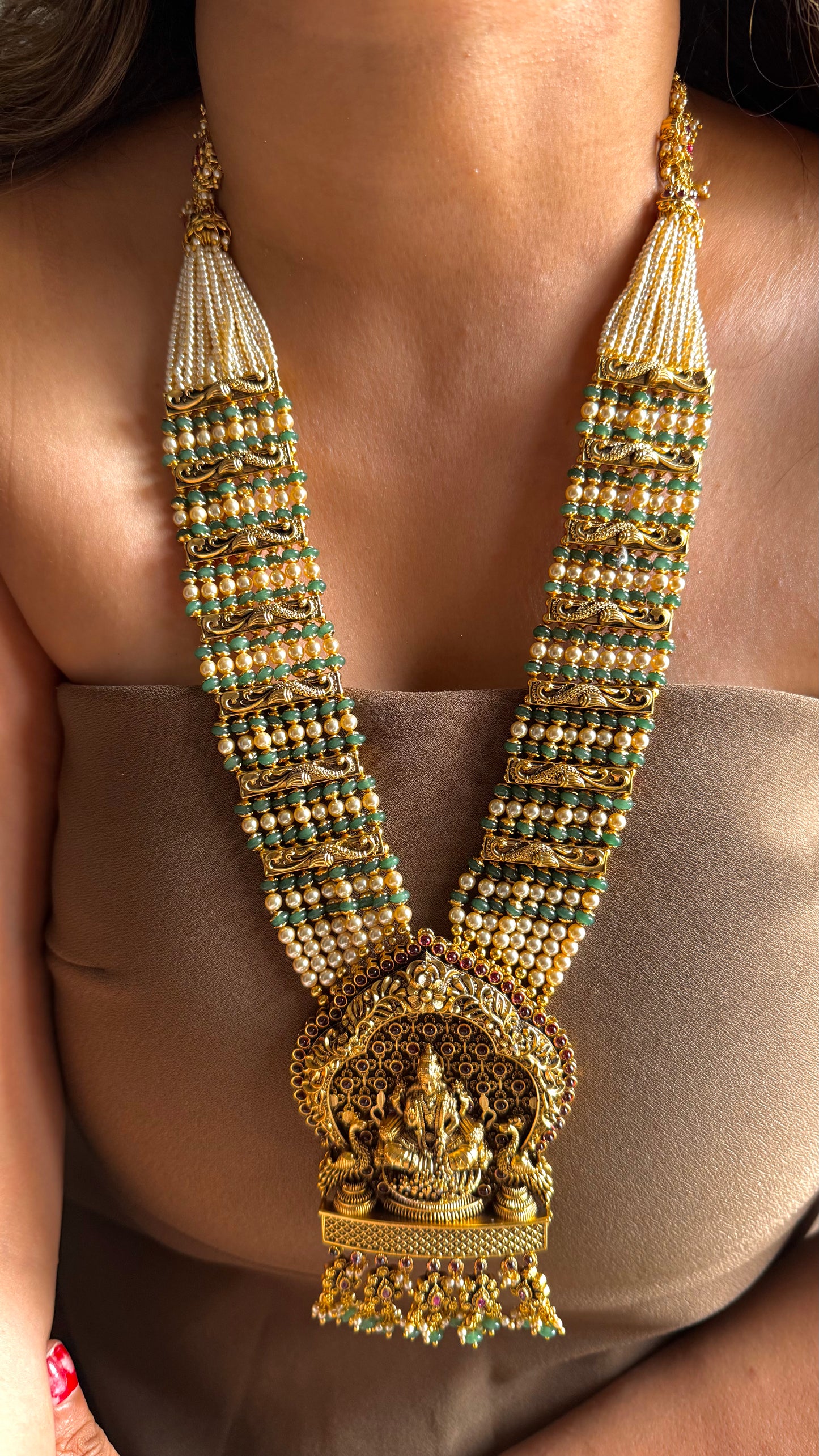 Goddess Laxmi mint & pearl temple necklace combo
