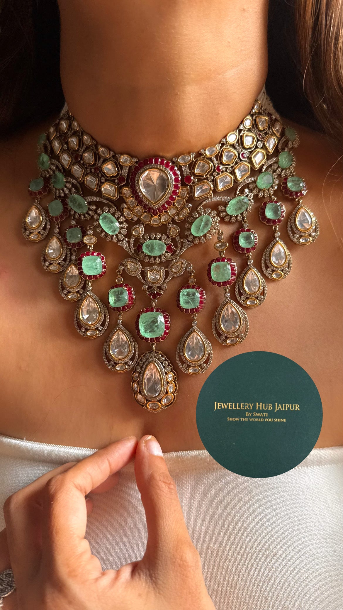 Mint doublet & rani pink moissanite uncut polki bridal choker set
