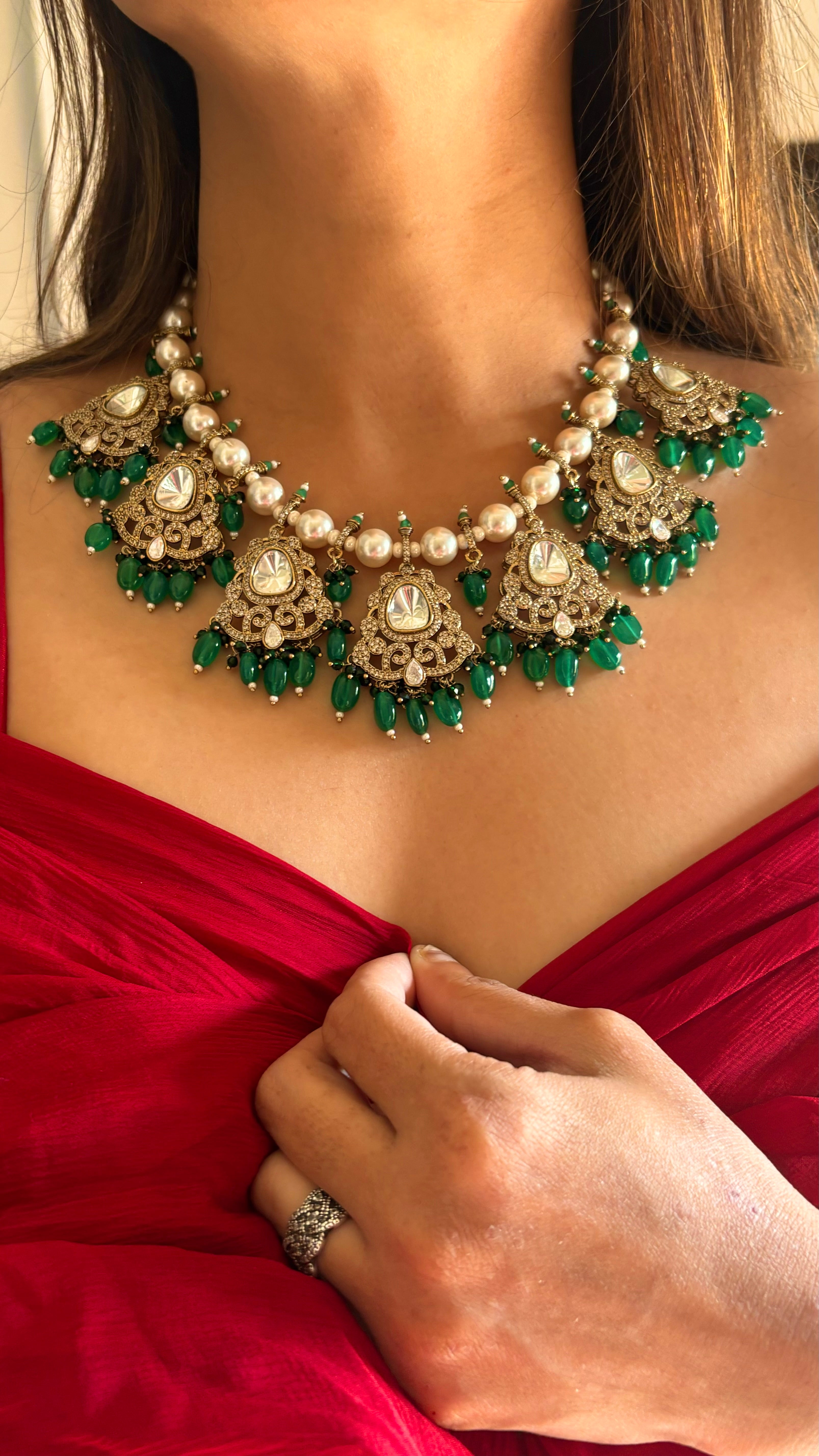 Emerald pearl victorian necklace