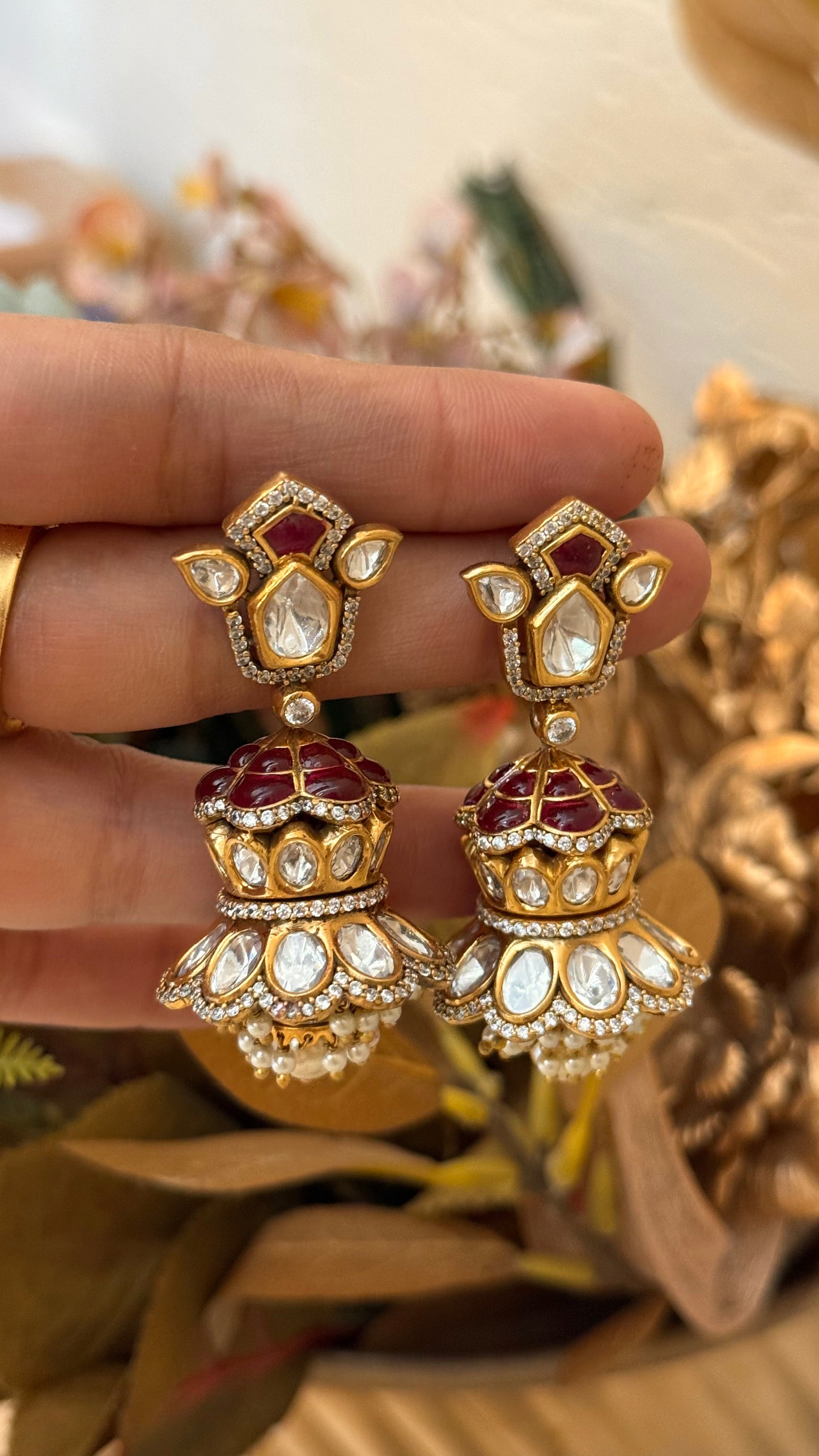Ruby takkar work jhoomar style moissanite jhumki