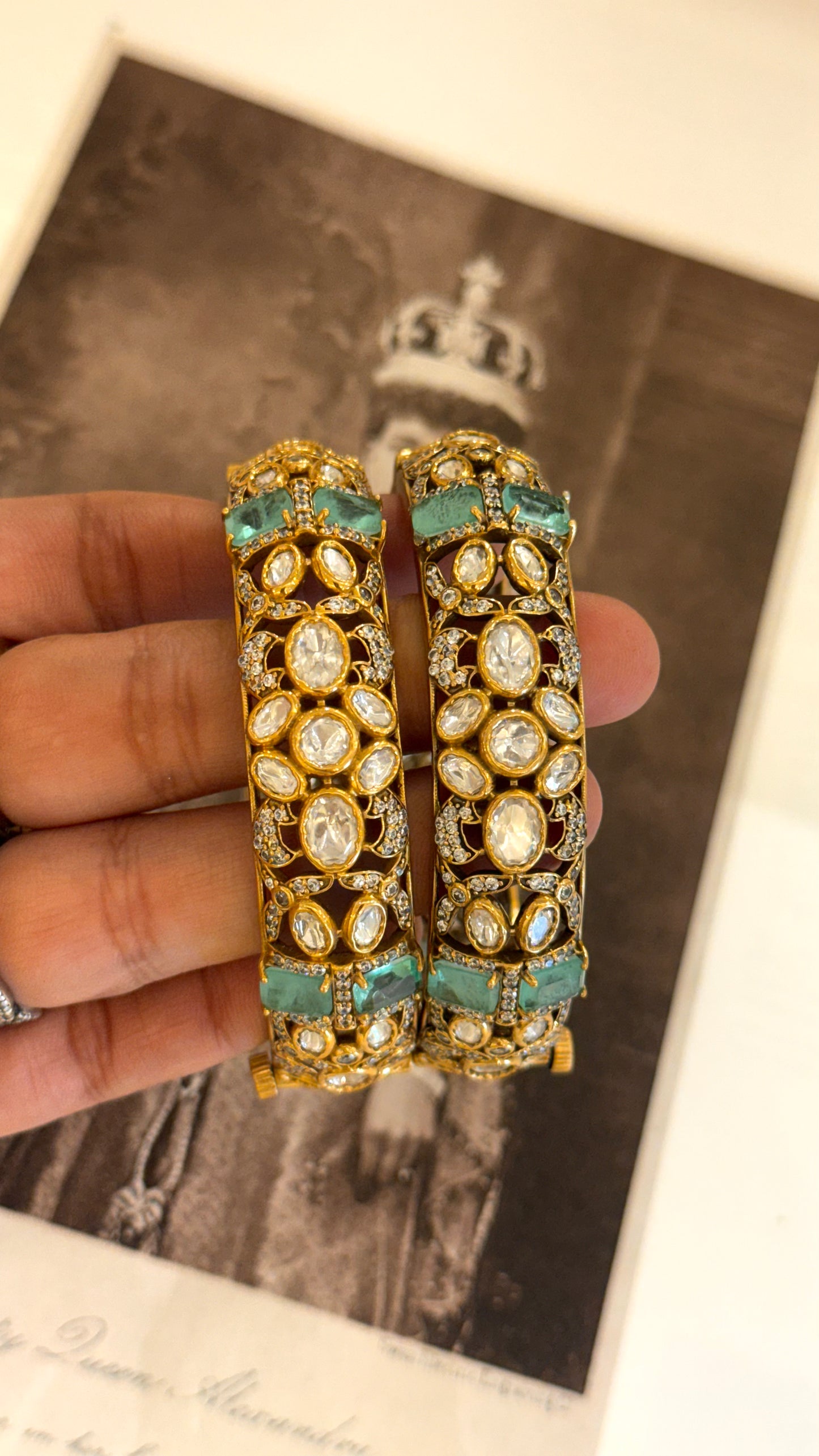 Mint moissanite polki bangles (Victorian base - Gold upper)