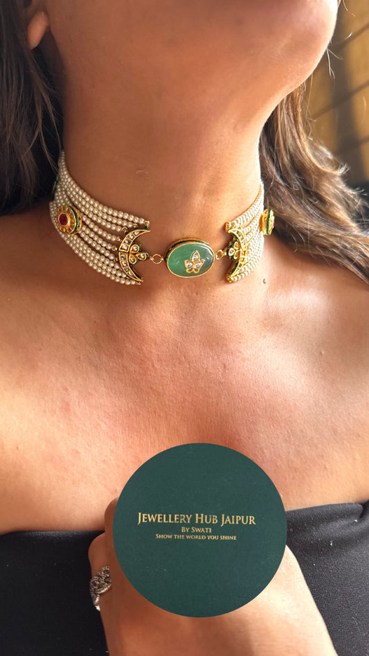 Mint inlay half moon shape meenakari thread choker Necklace