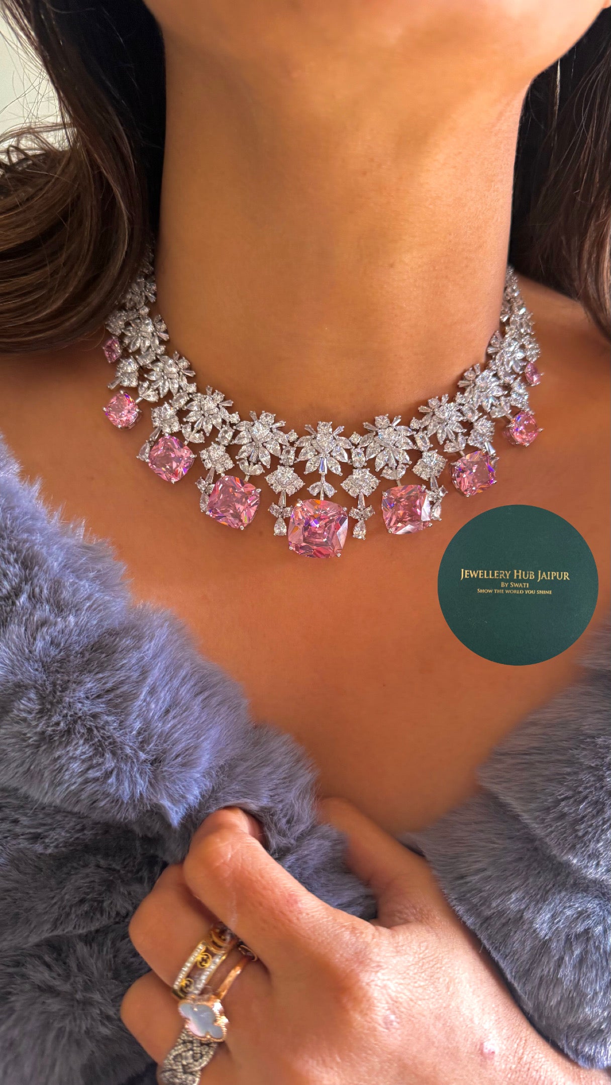 Rose Quartz cz diamond statement necklace