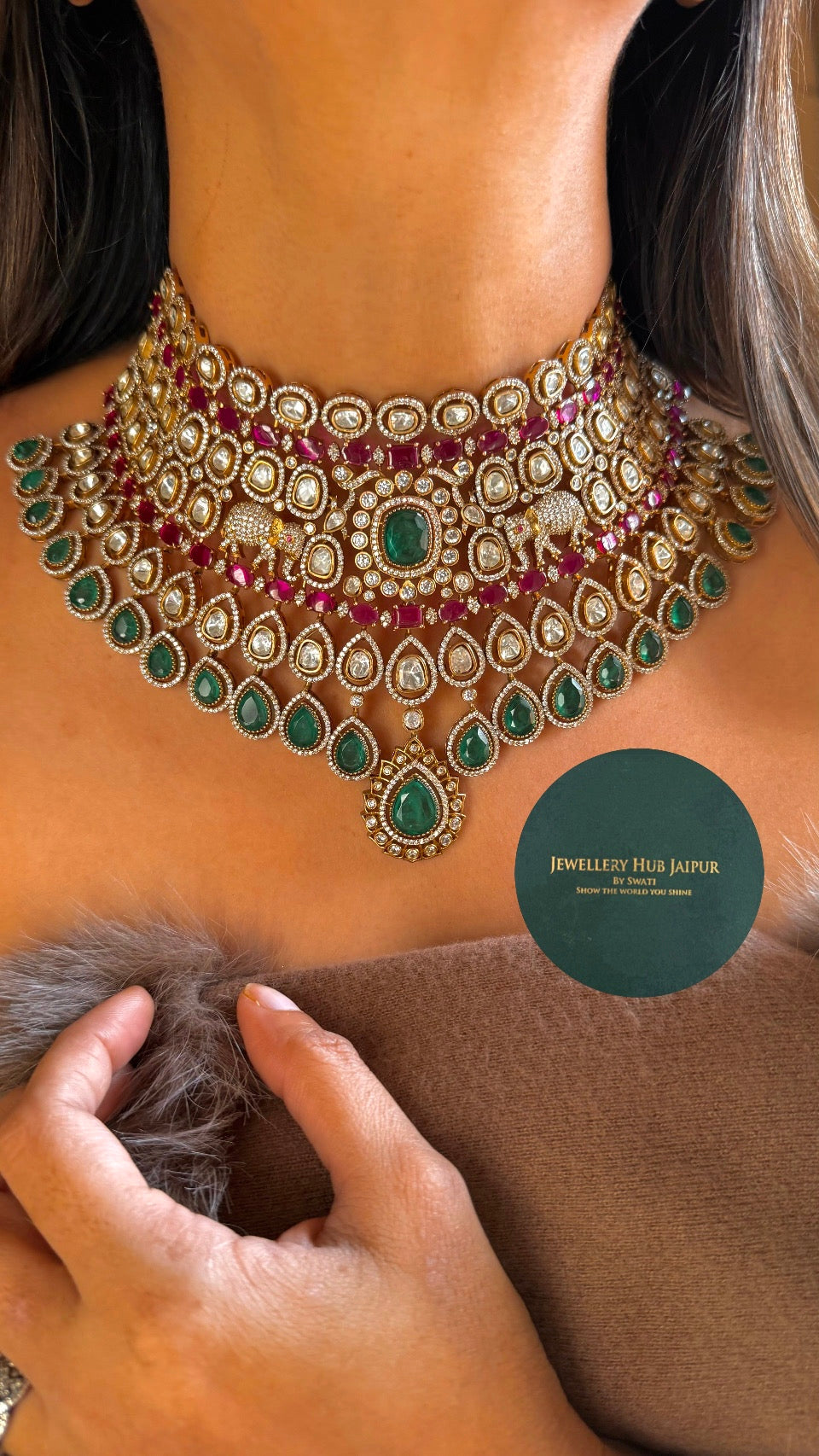 Bridal asia inspred rani pink & emerald choker