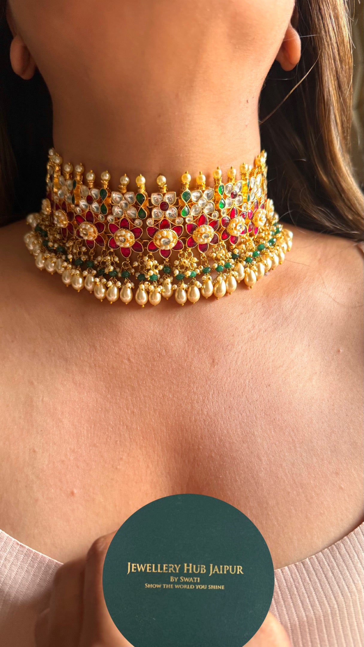 Emerald & ruby Paachi Kundan with tear drops choker necklace