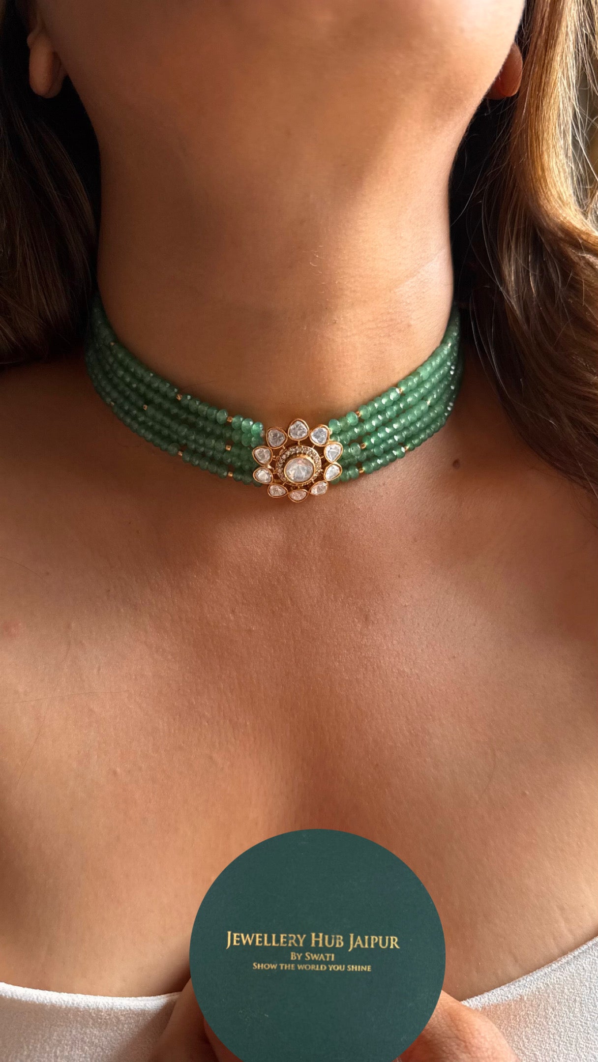 Real Moissanite floral polki mint pearl detailing choker necklace