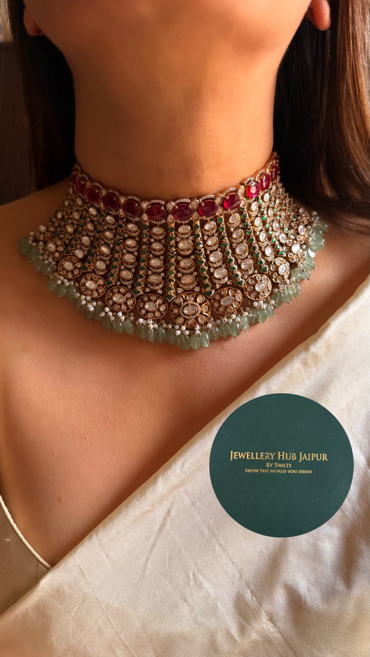 Rani pink & Emerald bridal Asia inspired statement choker (takkar work)