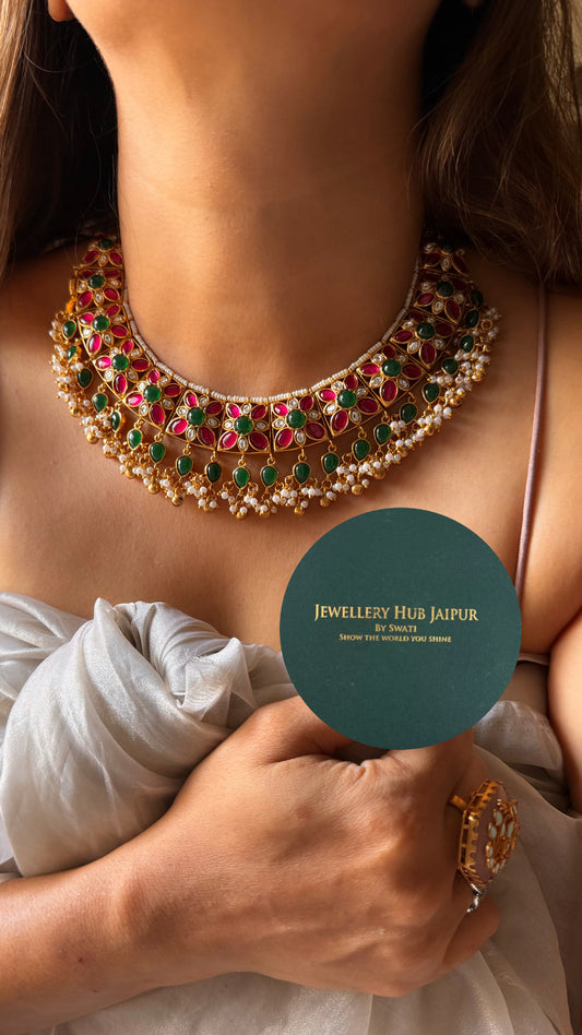 Amrapali inspired Natural stone Rani pink & emerald rajwada aad style set