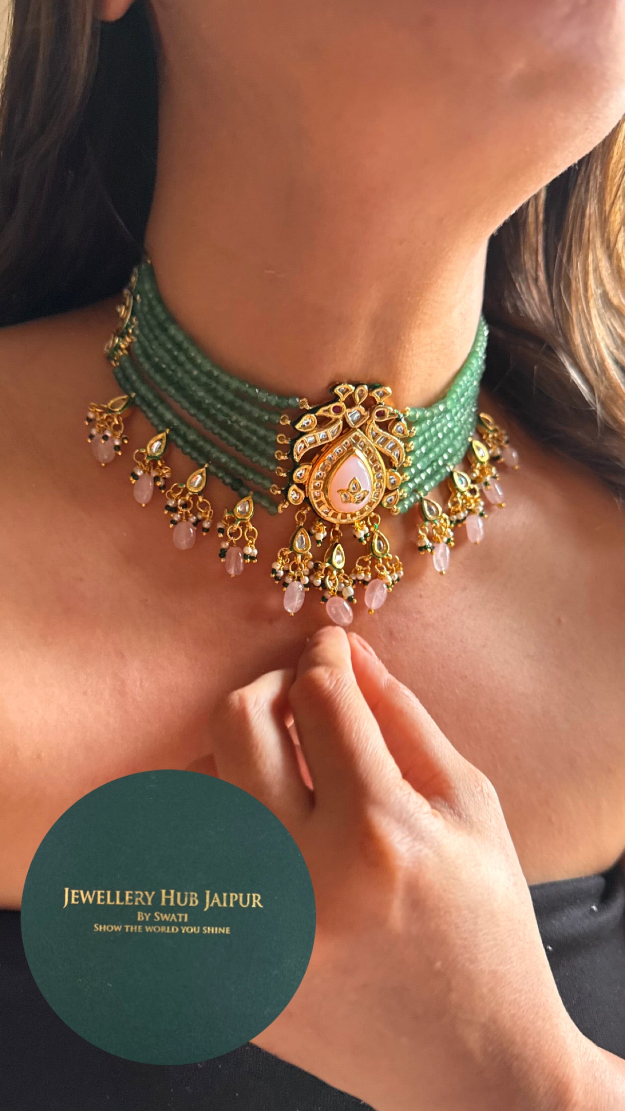 Rose quartz inlay with emerald pearl detailing meenakari choker Necklace