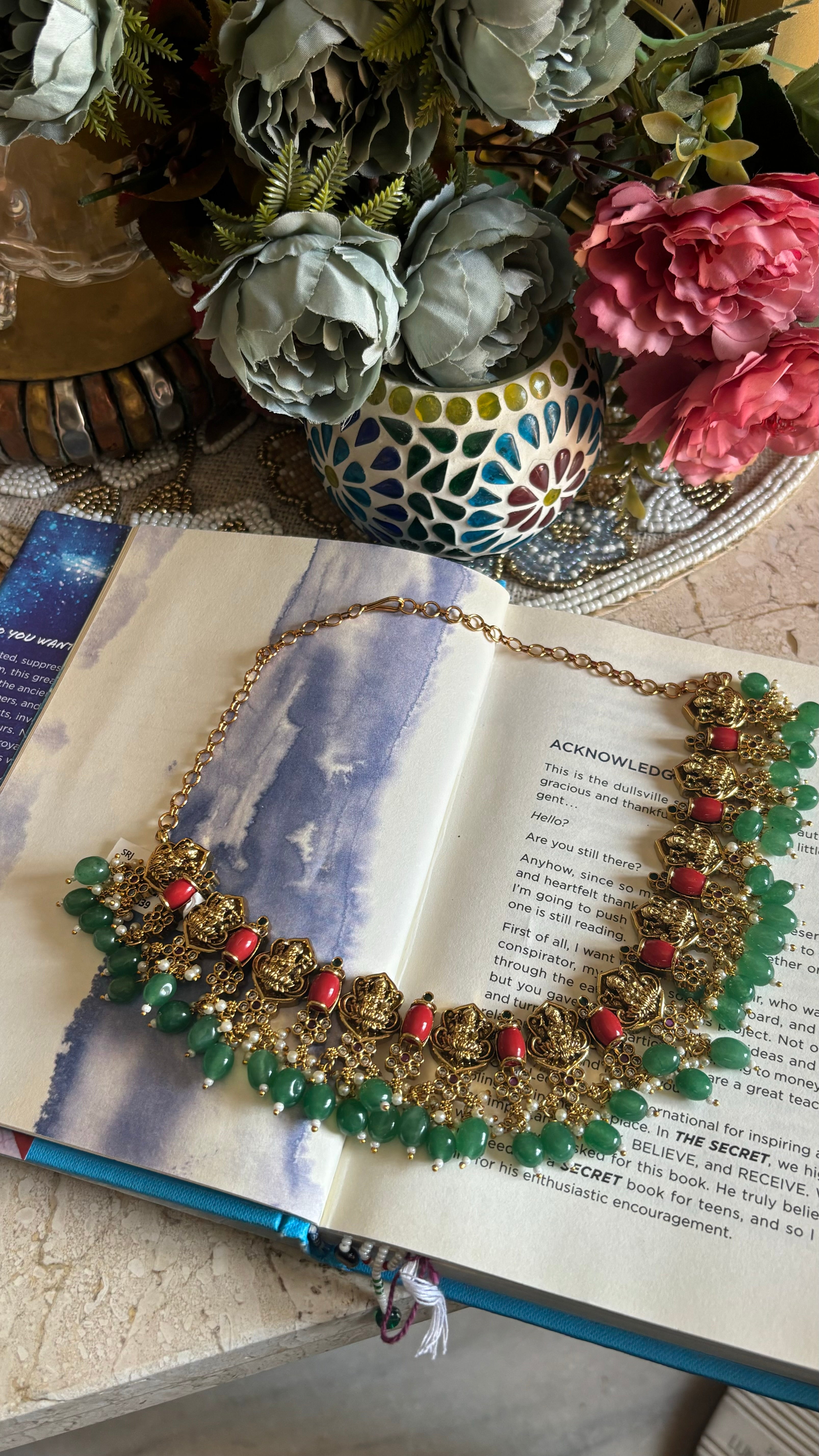 Emerald & citrine temple collar necklace