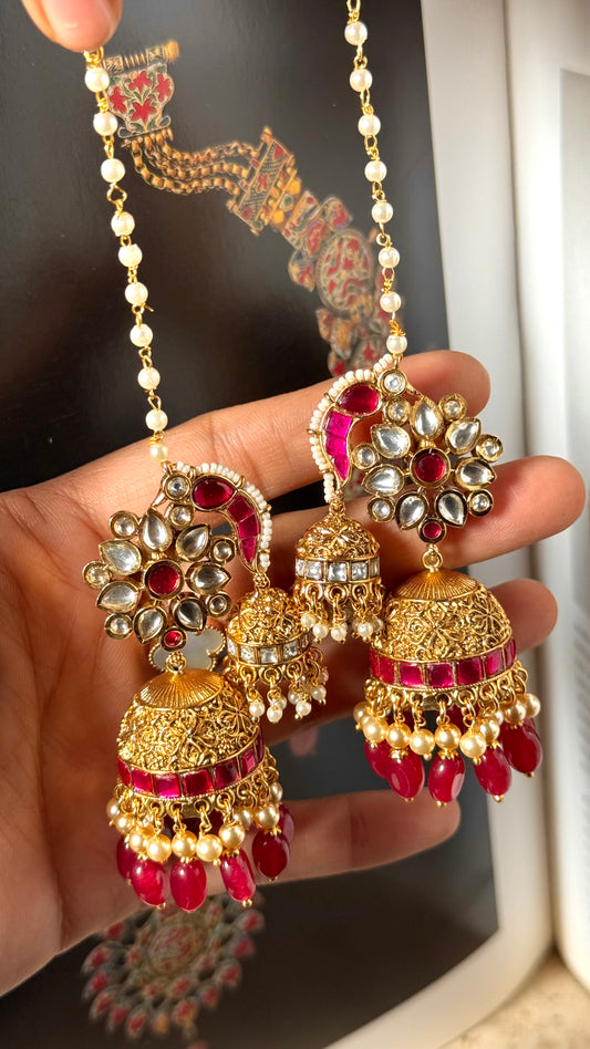 Ruby rani pink rajwada jhumki with ear chain