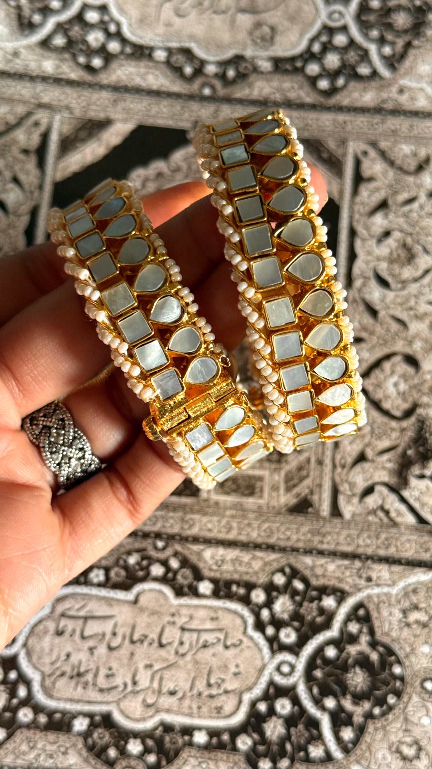 Paachi Mother of pearls with pearls detailing openable bangles