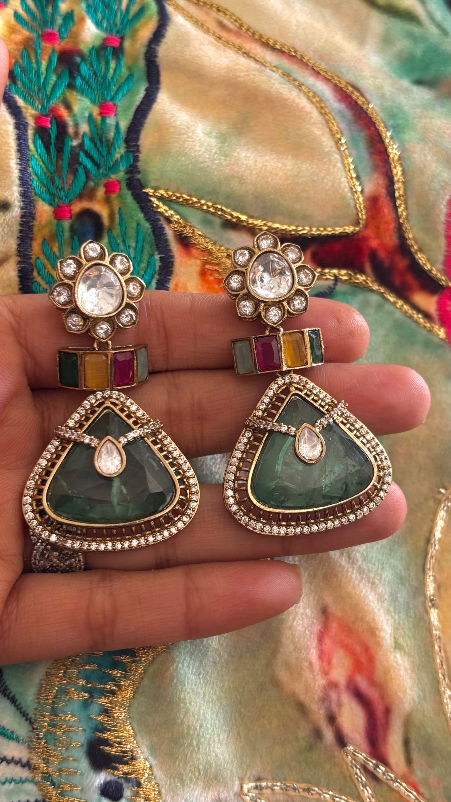 Mint & navratna stone danglers