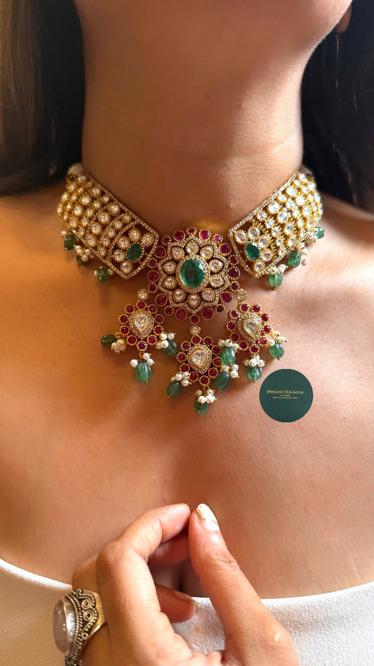 Emerald doublet & Rani pink floral moissanite choker set