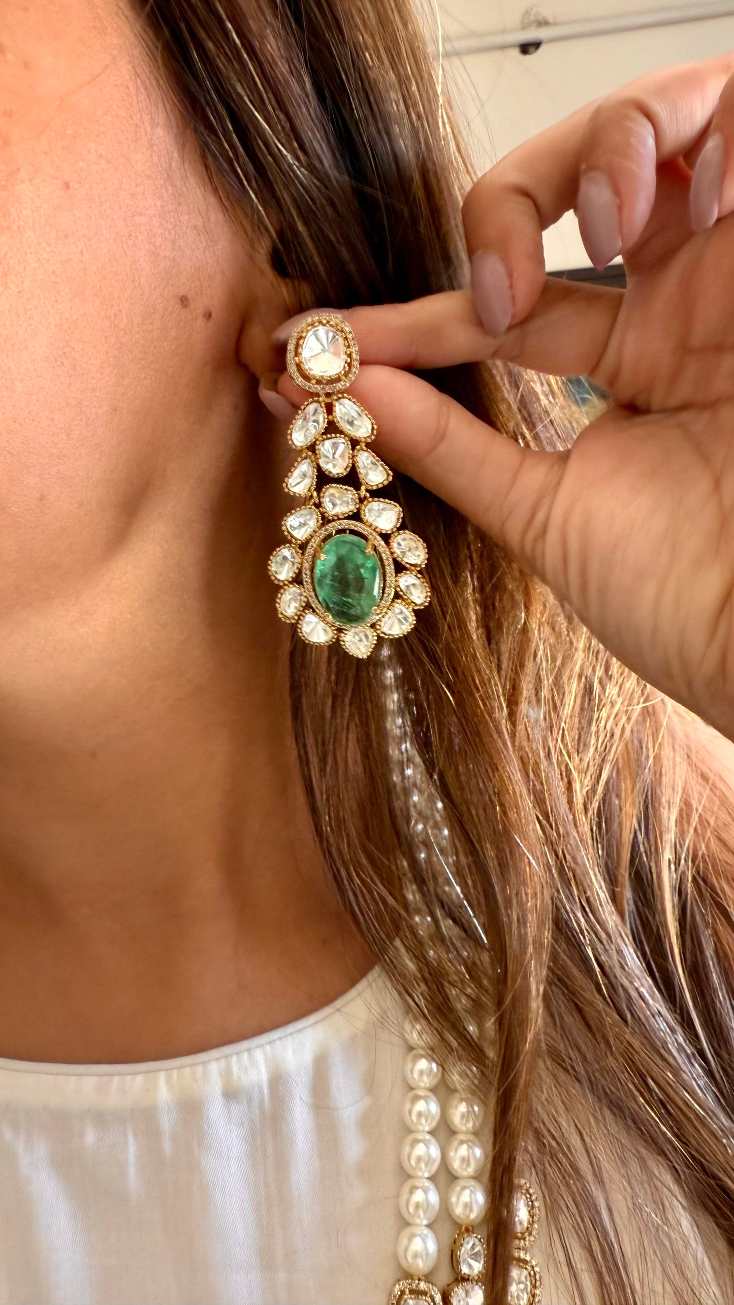 Mint three layered moissanite polki thread maharani haar