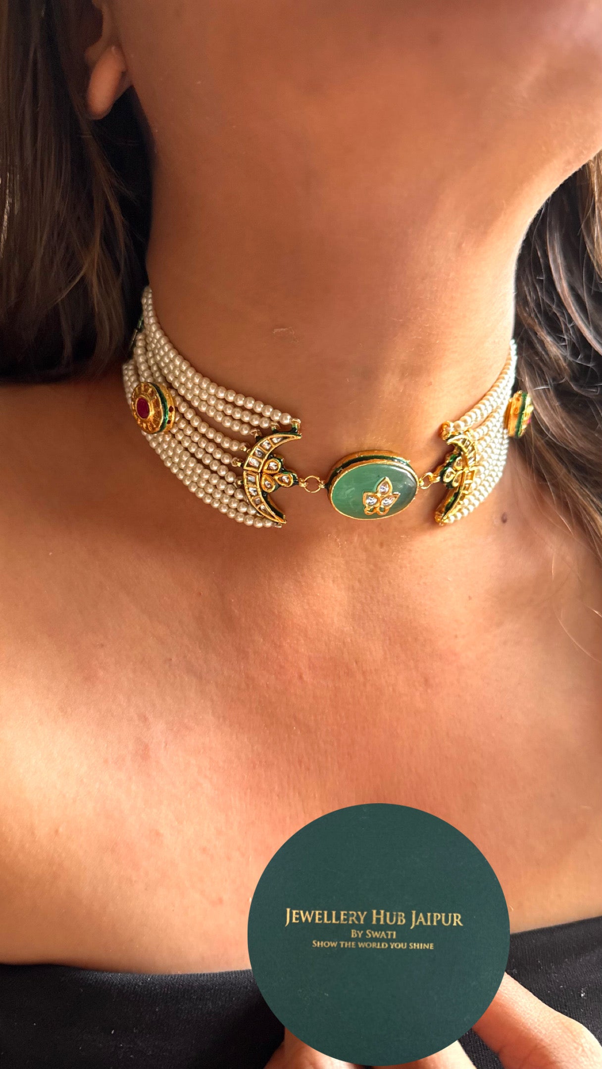 Mint inlay half moon shape meenakari thread choker Necklace