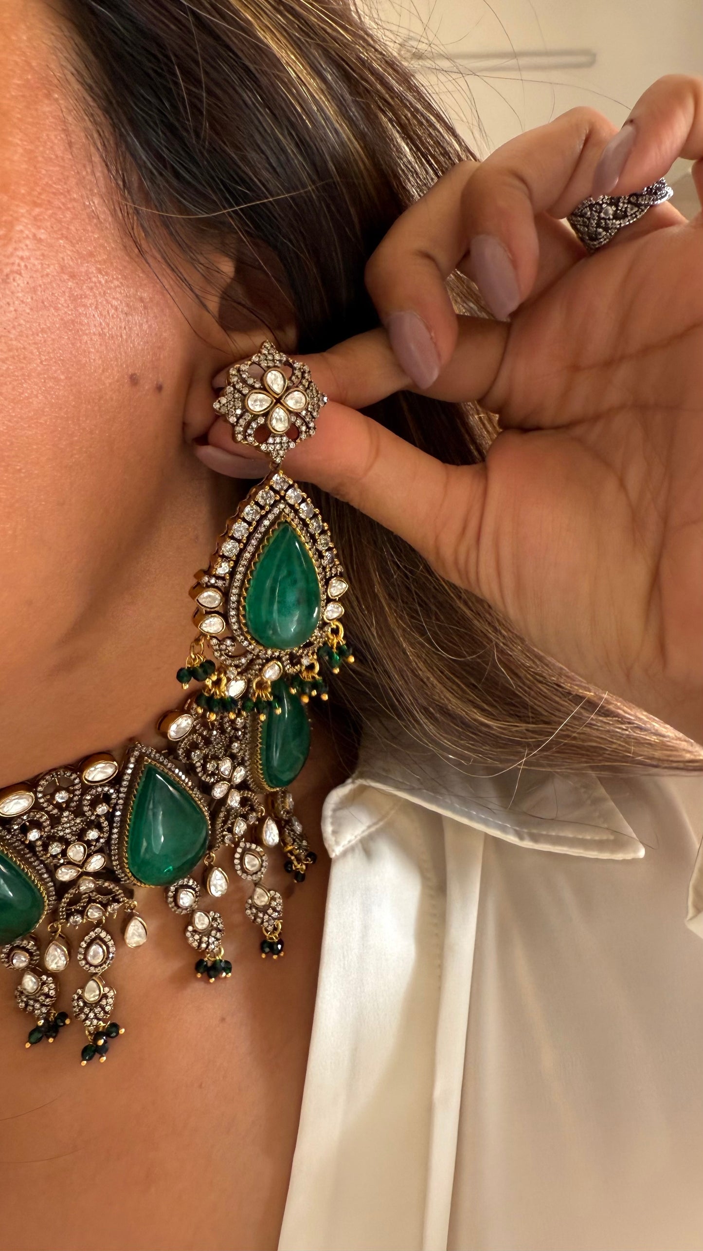 Yugma Emerald doublet victorian moissanite choker