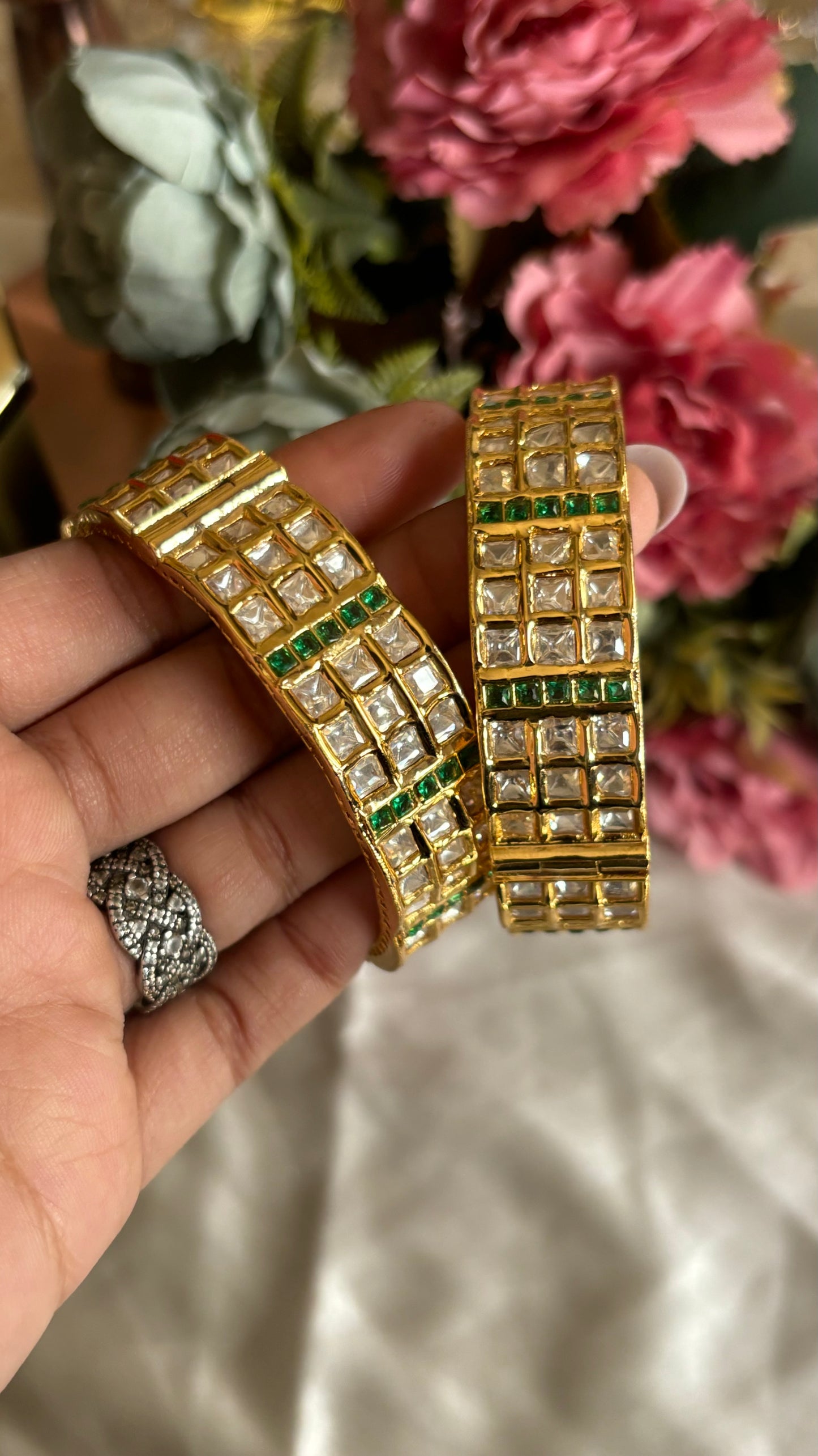 Emerald Moissanite triple line bangles at openable