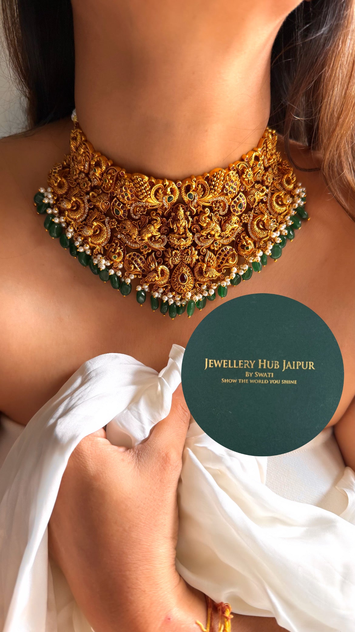 Goddess laxmi & rani pink peacock design with emerald & pearl drop temple choker set