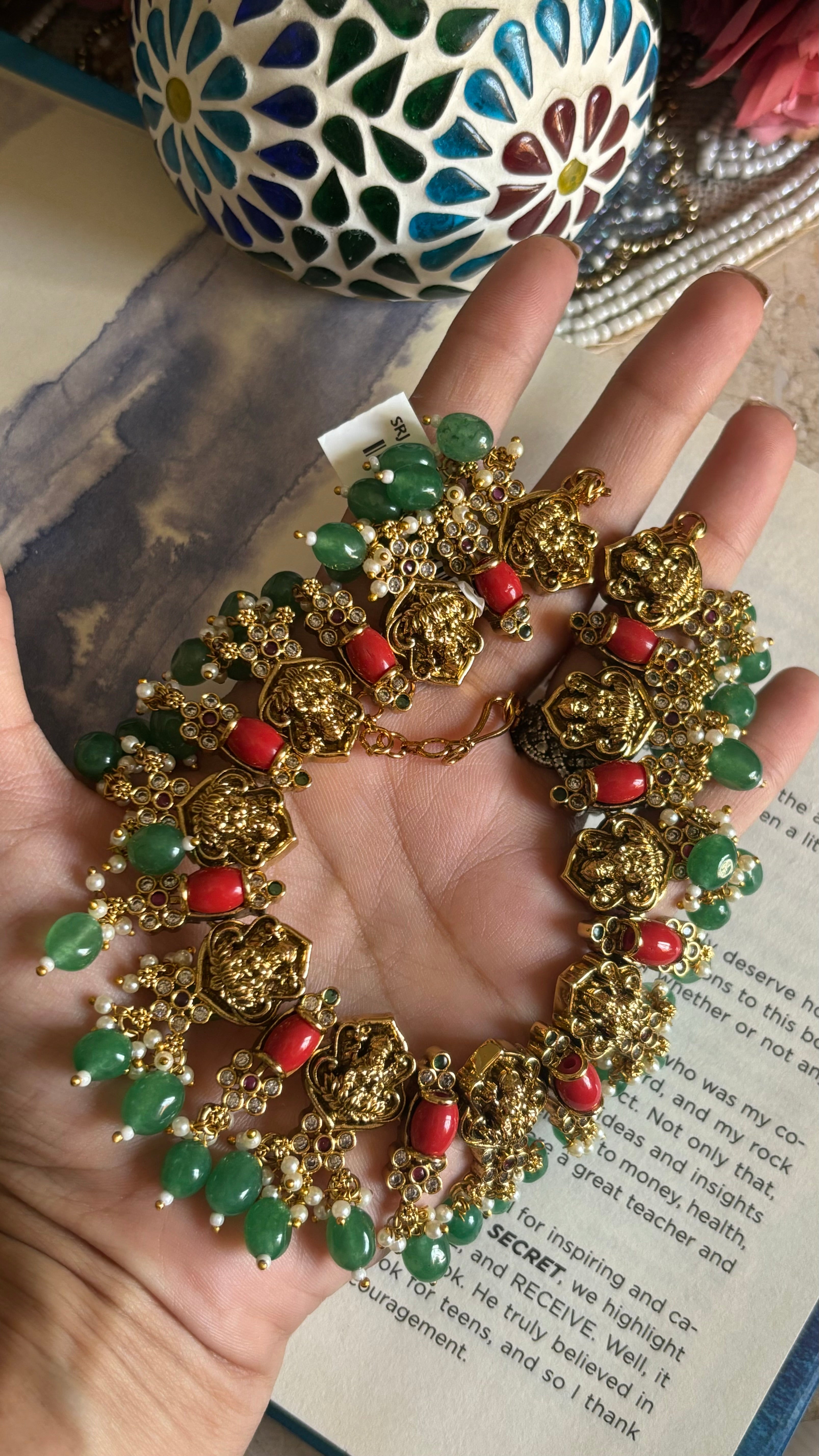 Emerald & citrine temple collar necklace