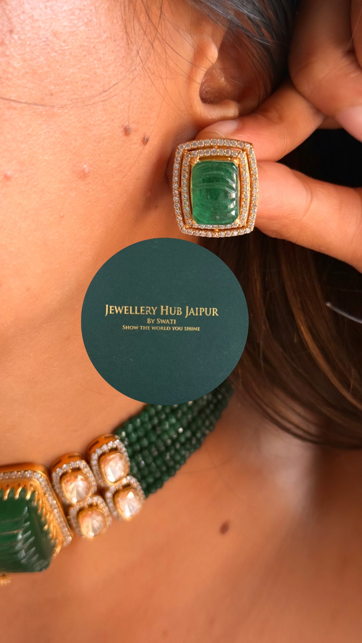 Emerald with pearl detailing real Moissanite polki combo Necklace
