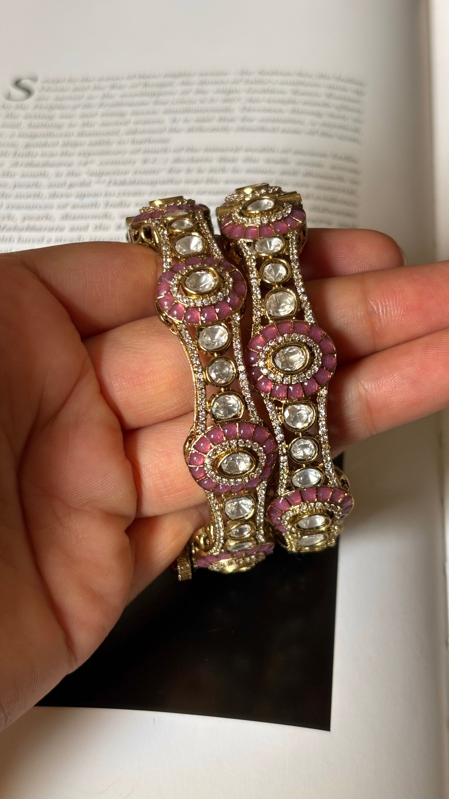 Rose quartz katdana with moissanite polki openable bangles