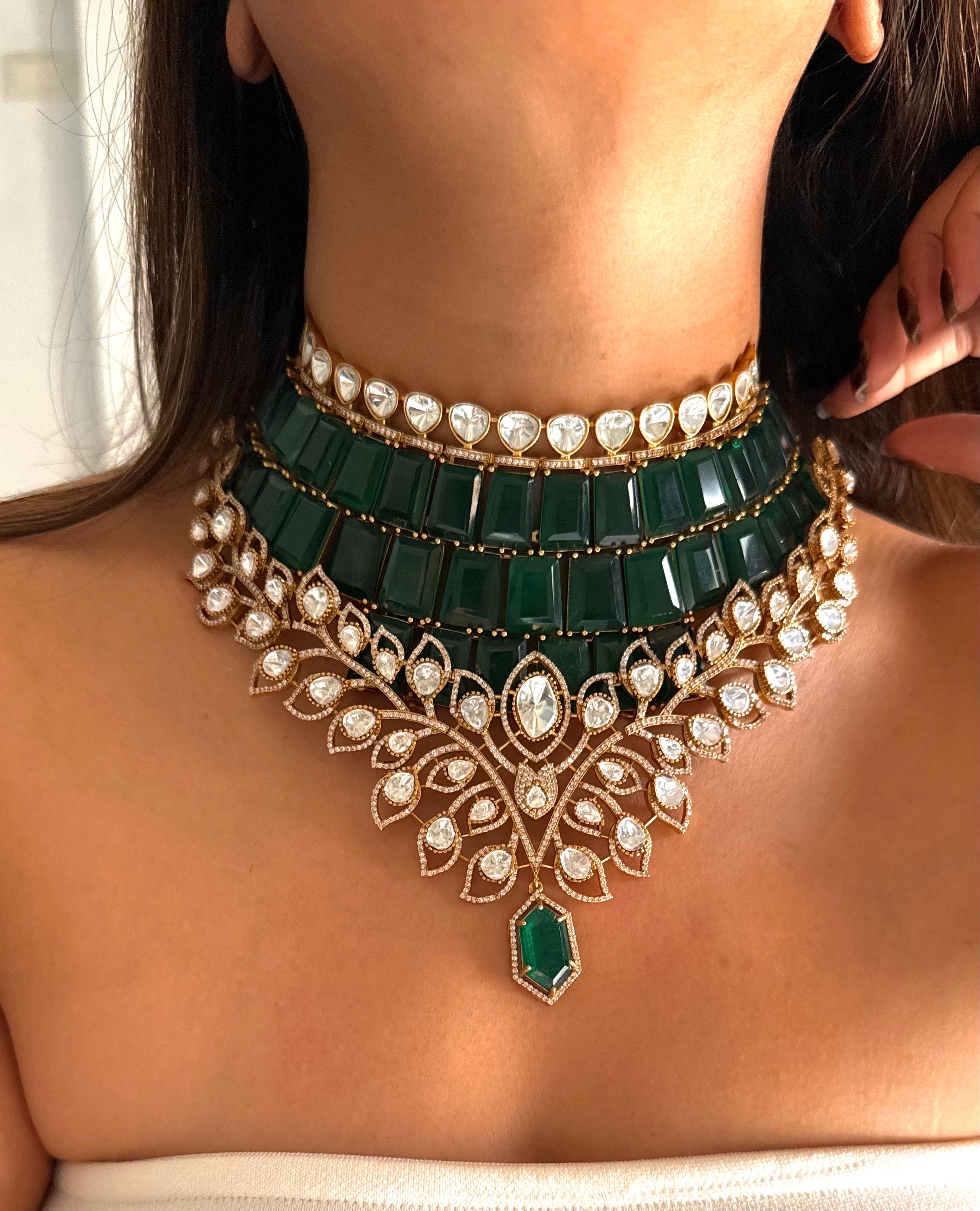 Emerald doublet Moissanite Polki leaves designer choker