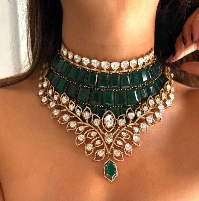 Emerald doublet Moissanite Polki leaves designer choker