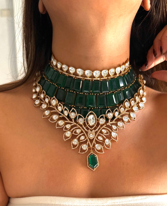 Emerald doublet Moissanite Polki leaves designer choker