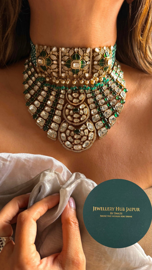 Emerald doublet moiss uncut polki combo Necklace