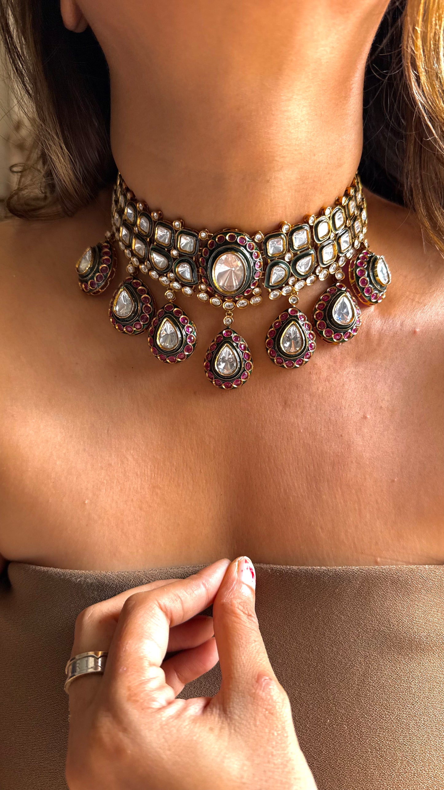 Emerald & Rani pink meenakari uncut polki choker
