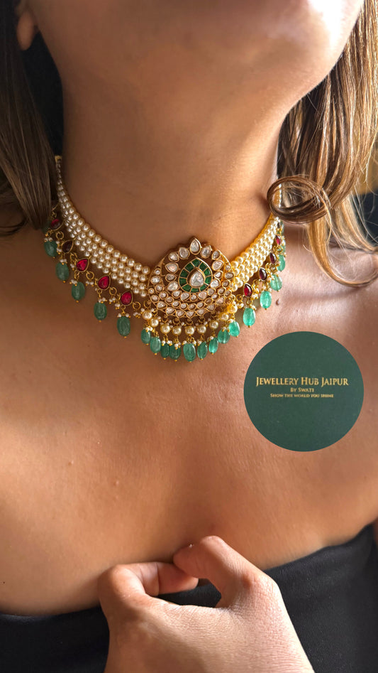 Paachi kundan emerald and rani rajwada necklace set