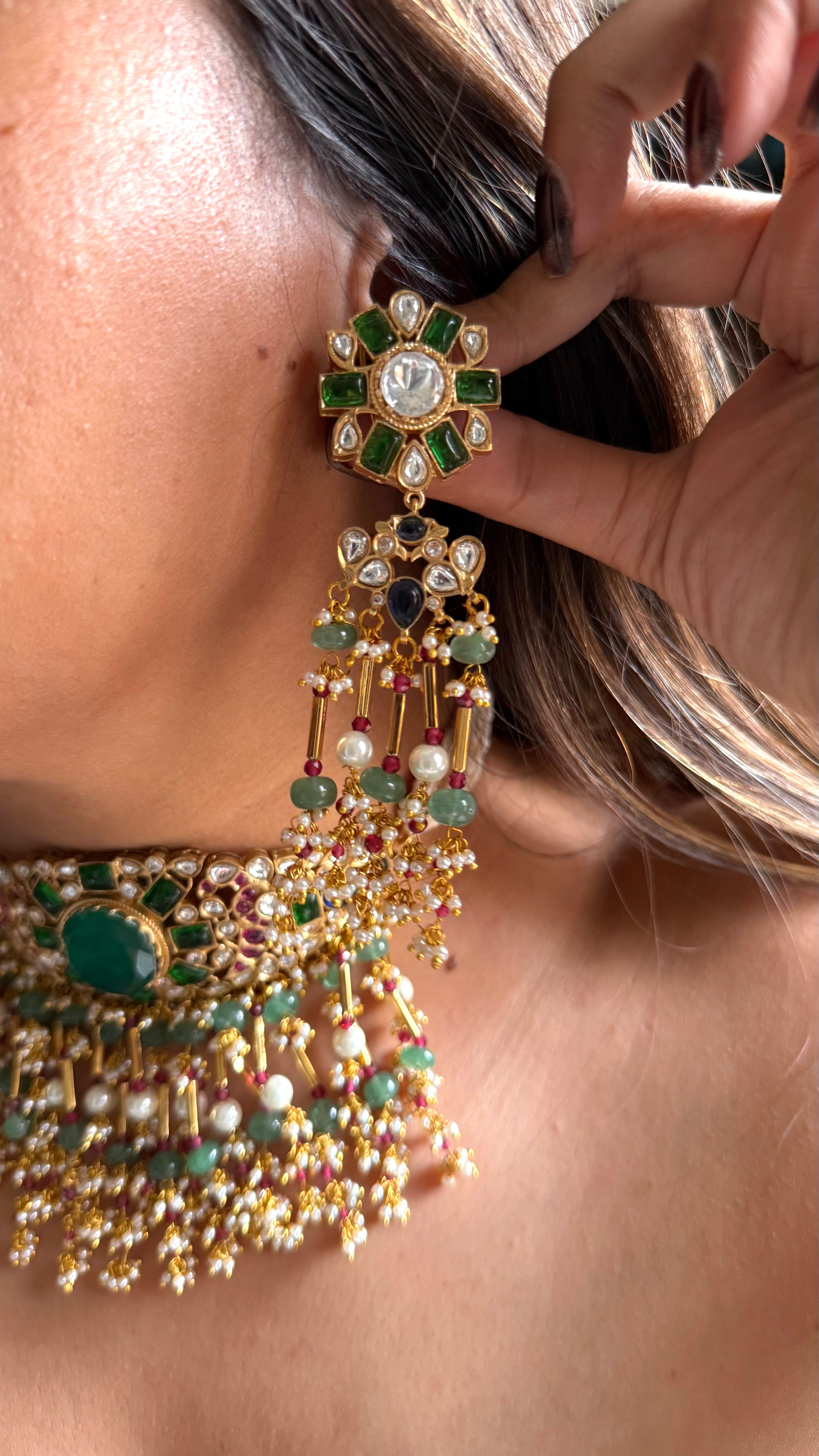Emerald doublet & rani pink, sapphire moissanite choker