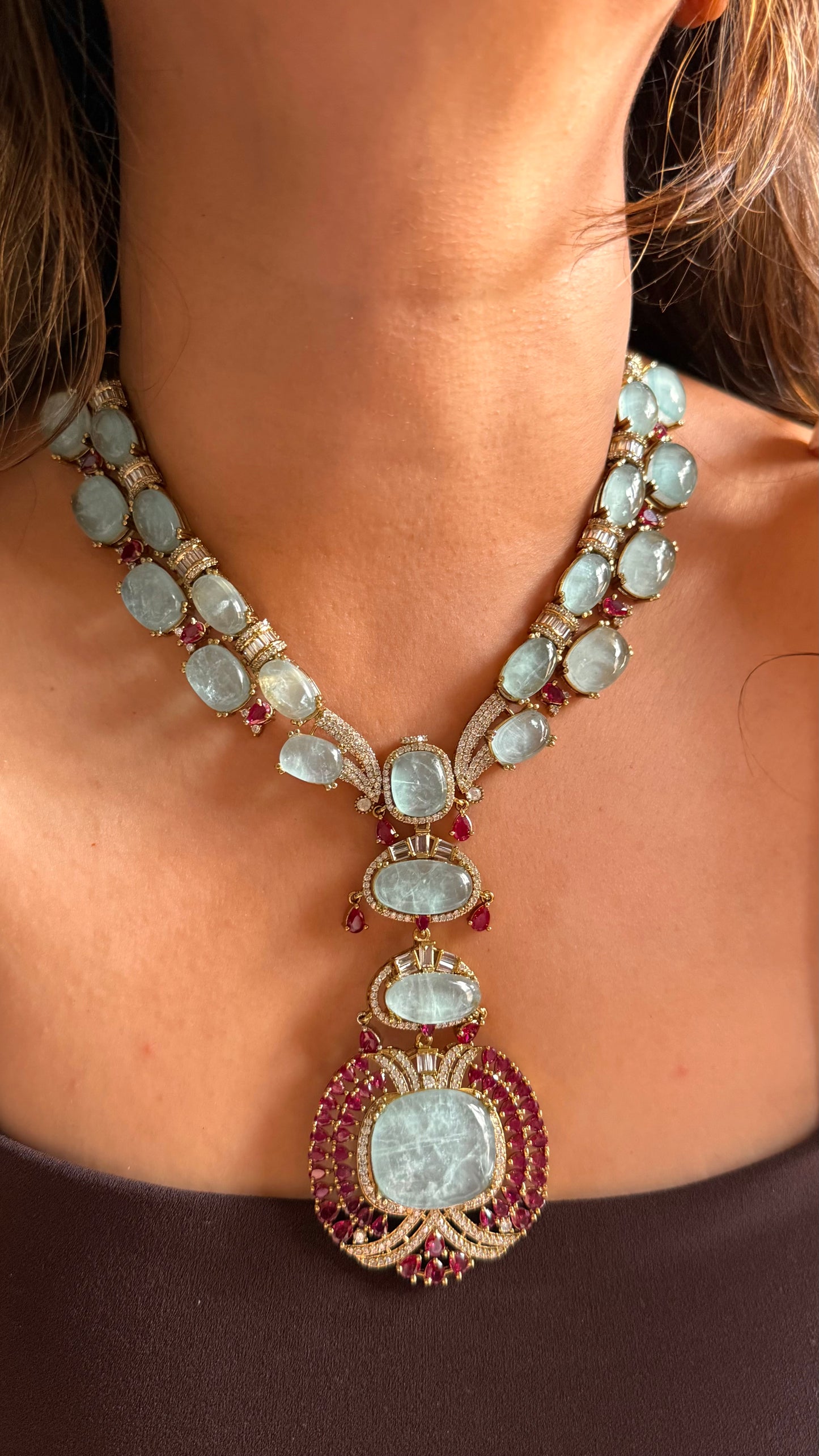 Ruby & Aquamarine doublets stones collar Necklace