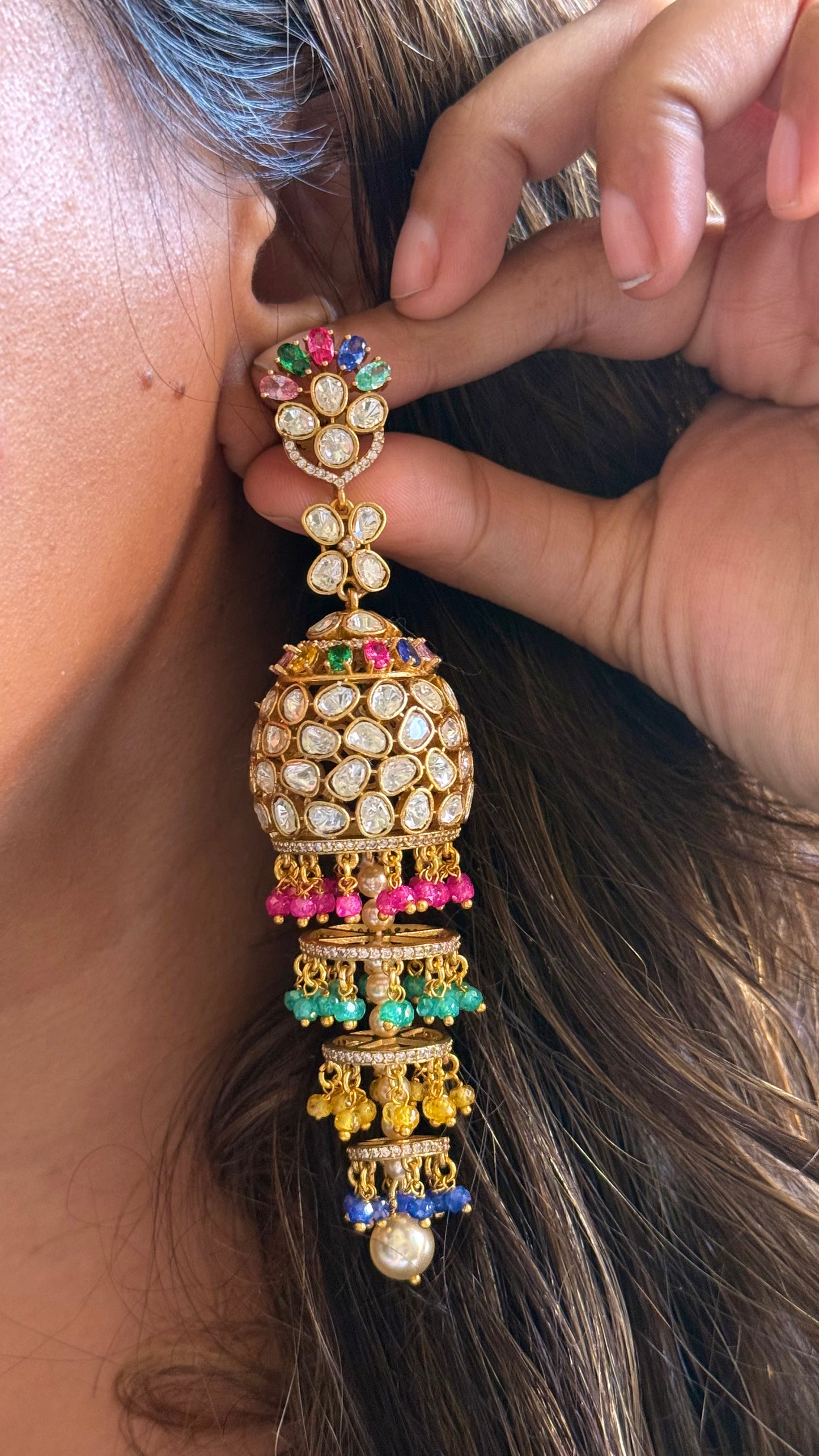 Real Moissanite & Swarovski triple jhumki with hydro detailing