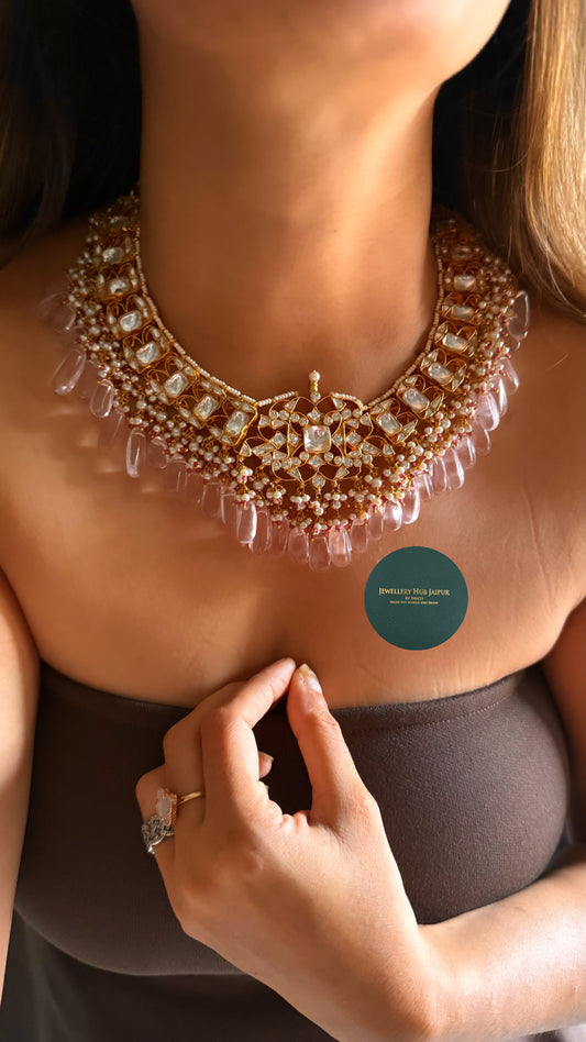 Rose quartz drop in paachi kundan collar set