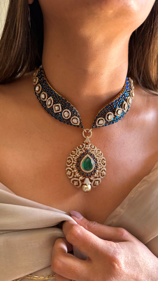 Sapphire & emerald designer cocktail necklace with earrings