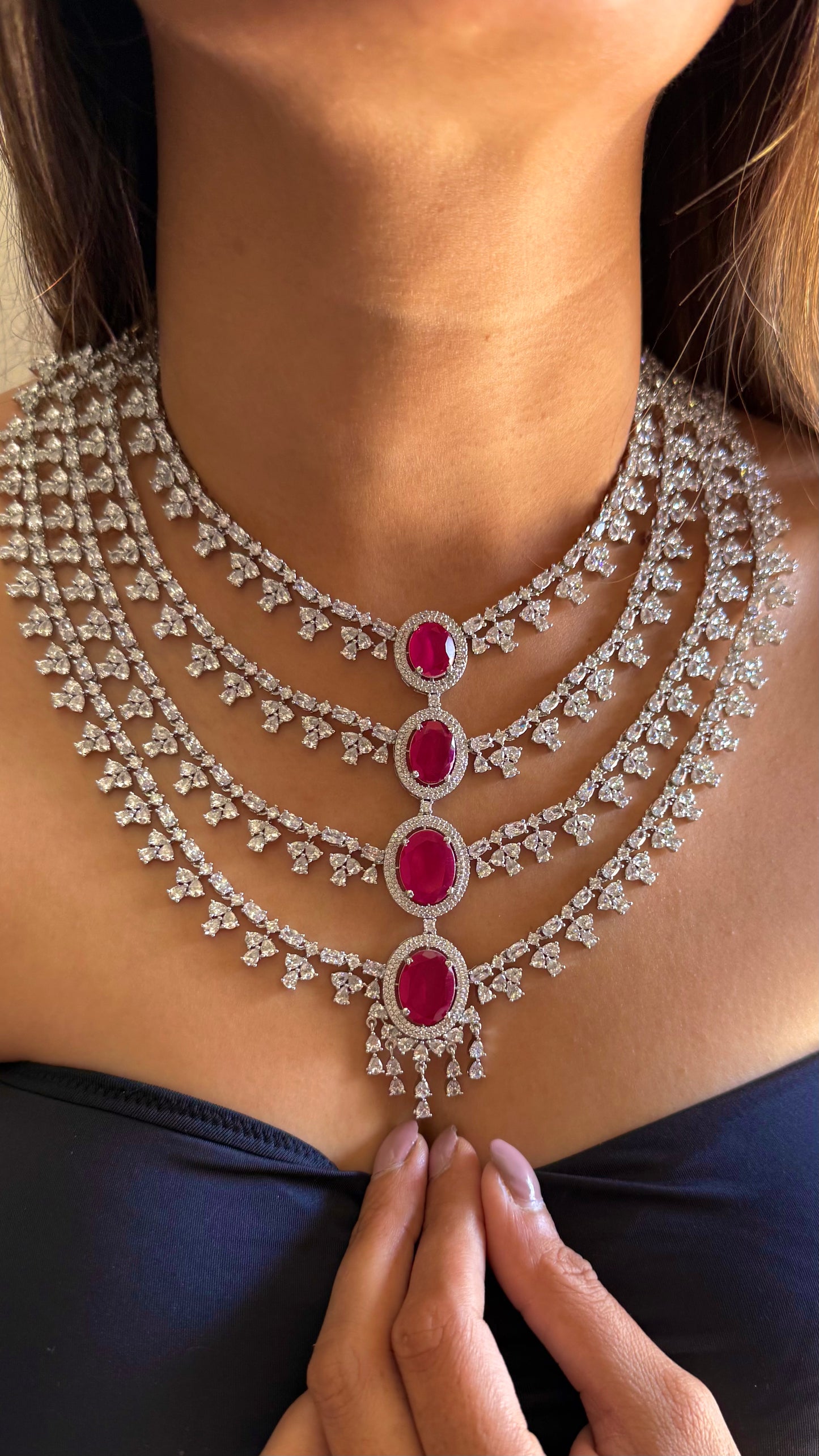 Elara Rani pink four layered diamond necklace