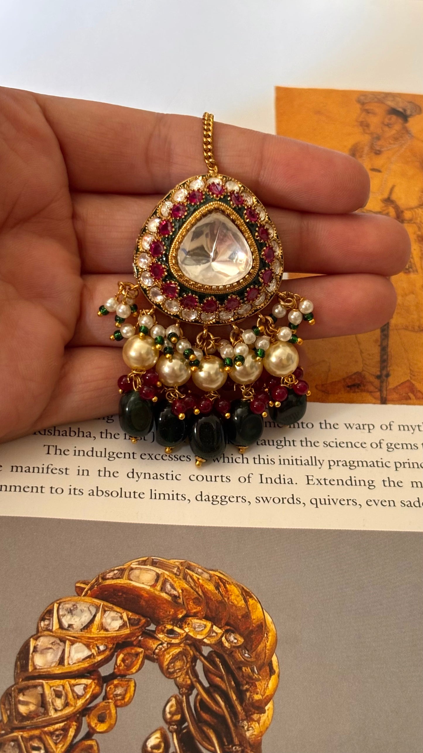 Emerald & Rani pink ruby with drops maangtika
