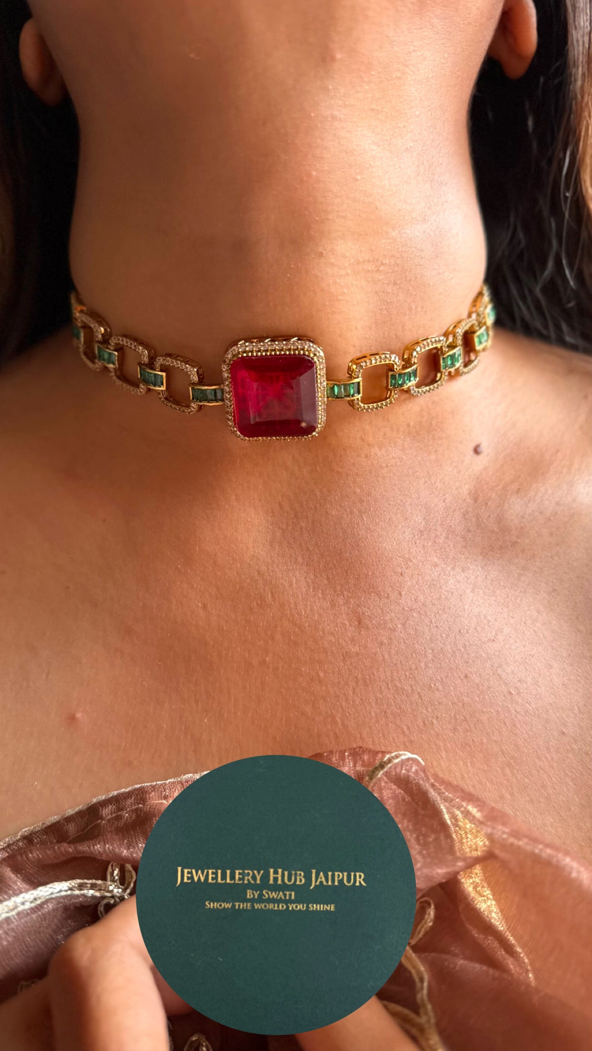 Ruby & emerald minimalist Choker necklace set