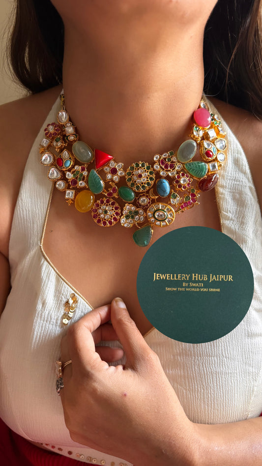 Navratna pastel with leaf inlay collar set