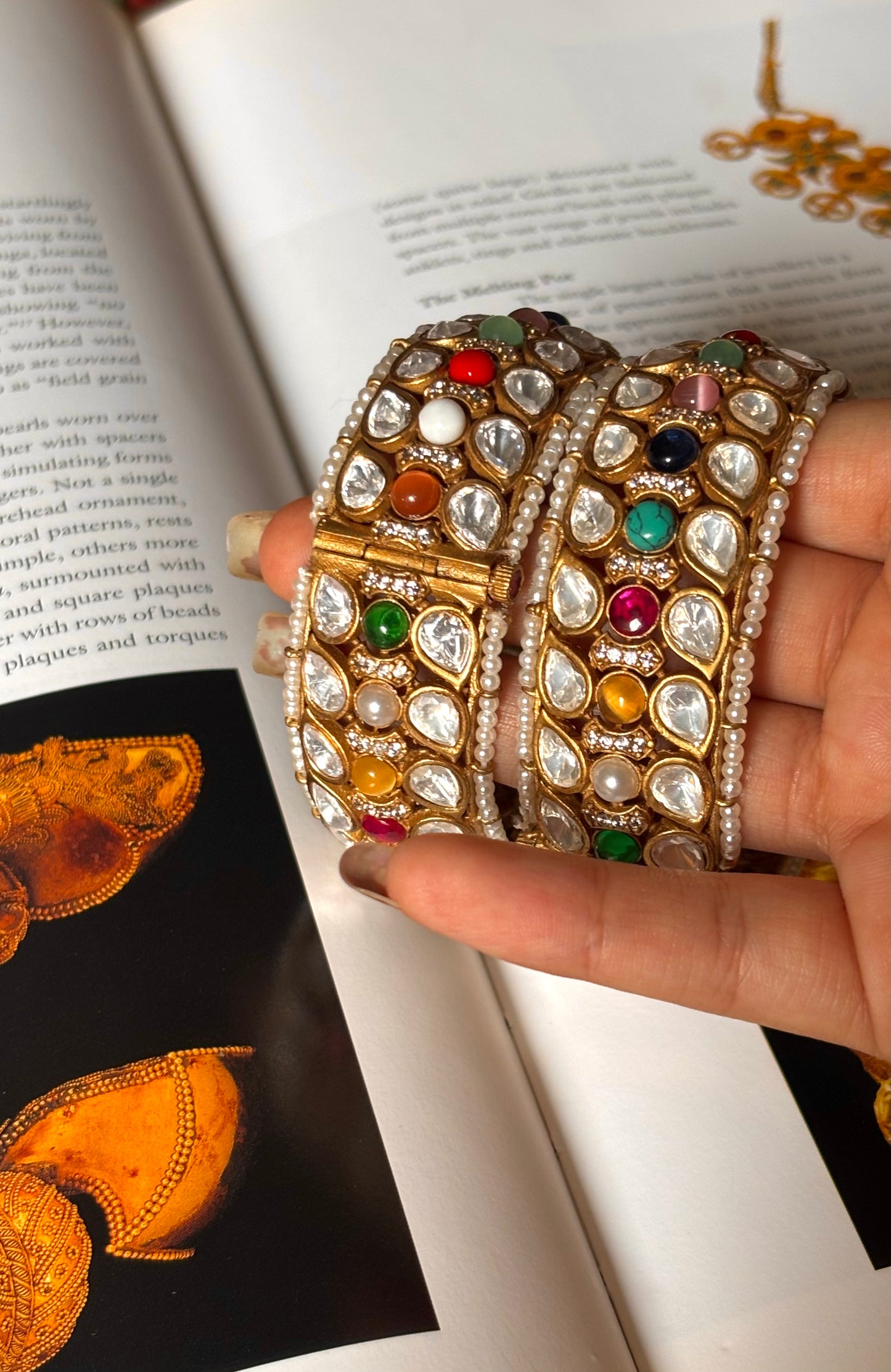 Navratna with pearl detailing openable Bangles