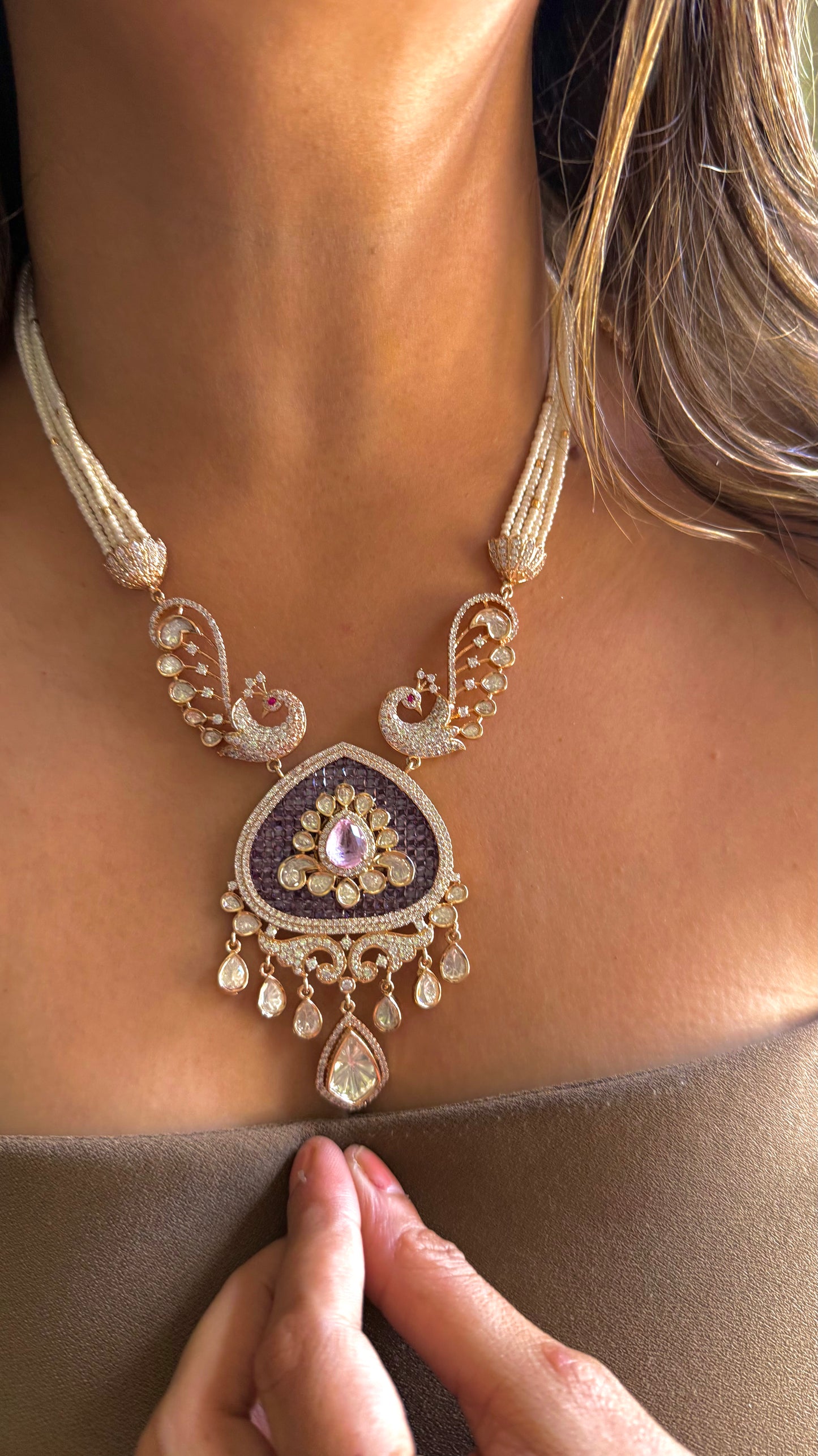 Tanzanite & rose quartz designer, collar necklace