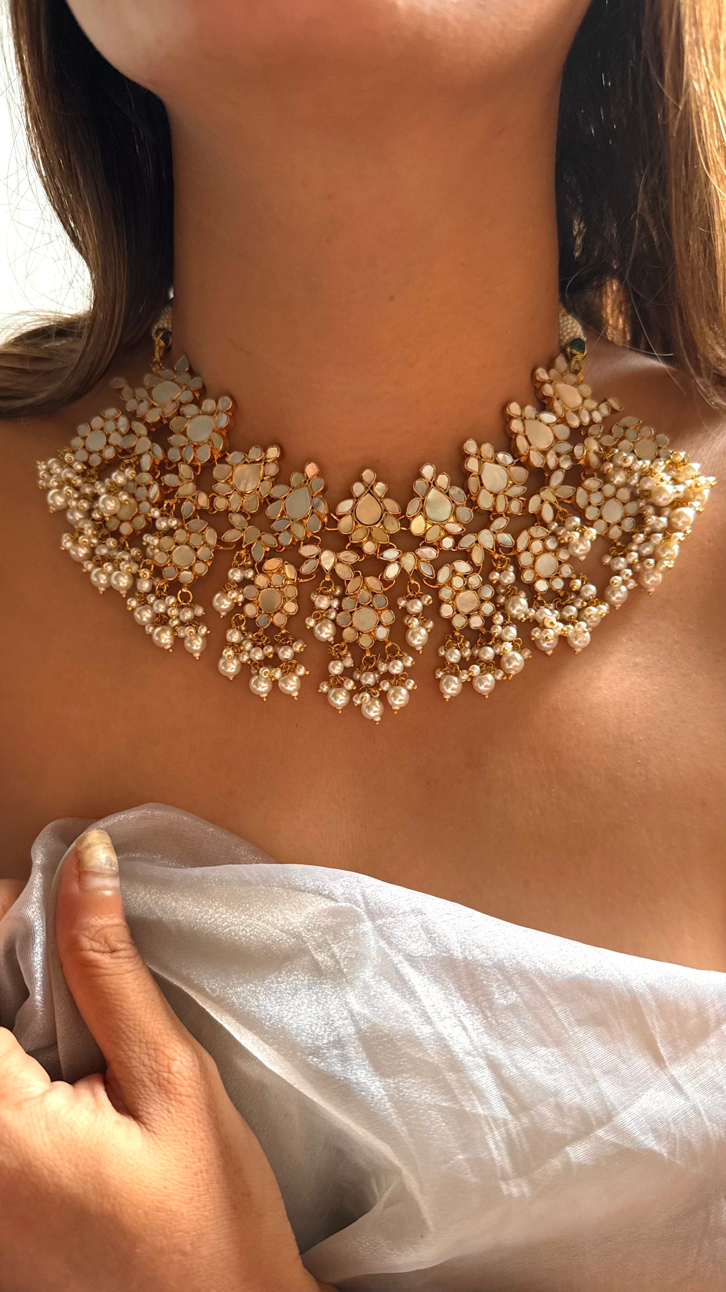 Mother of pearl paachi kundan with pearl drop set