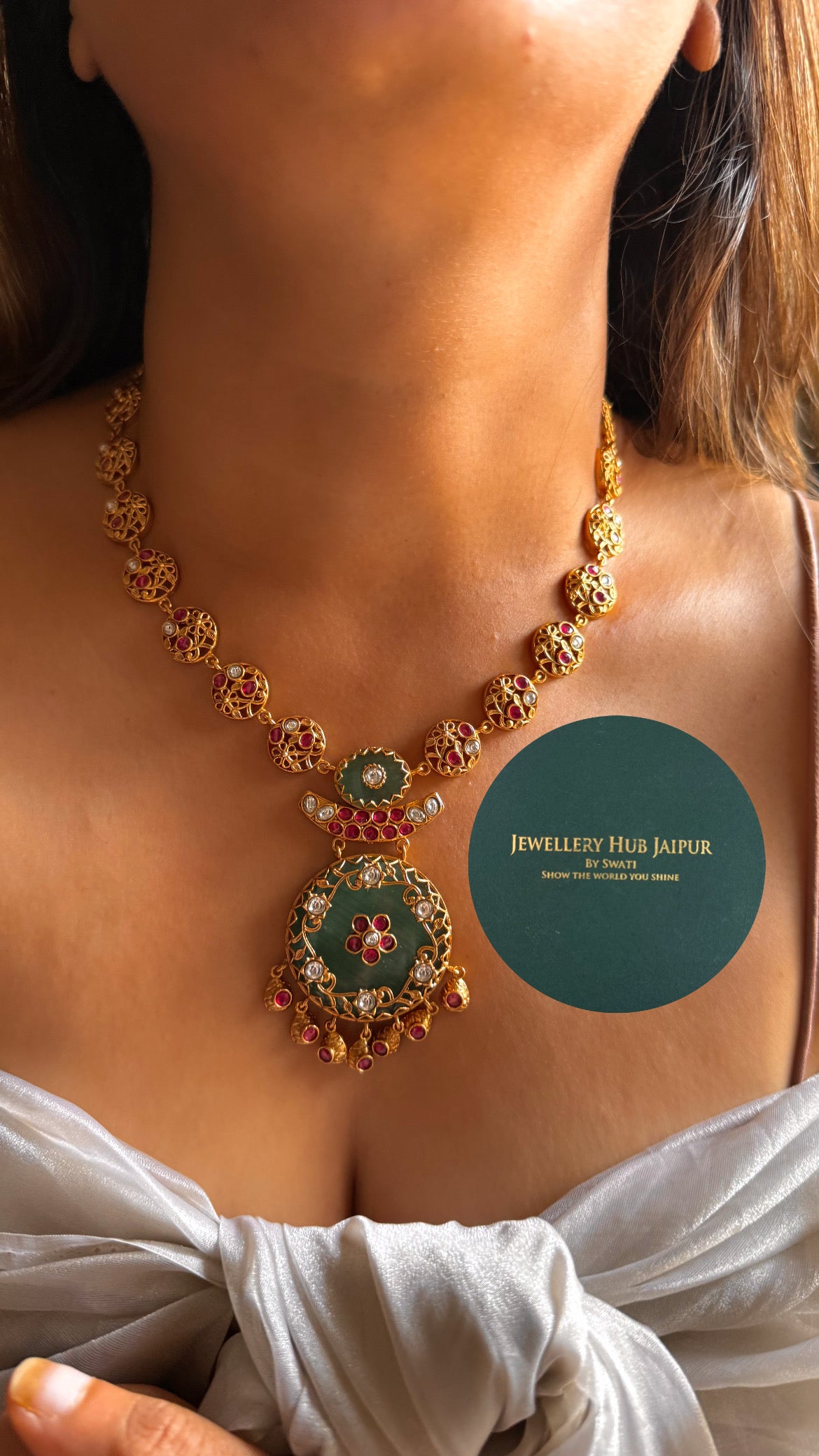 Amrapali inspired Natural stone Mint with rani pink floral inlay collar set