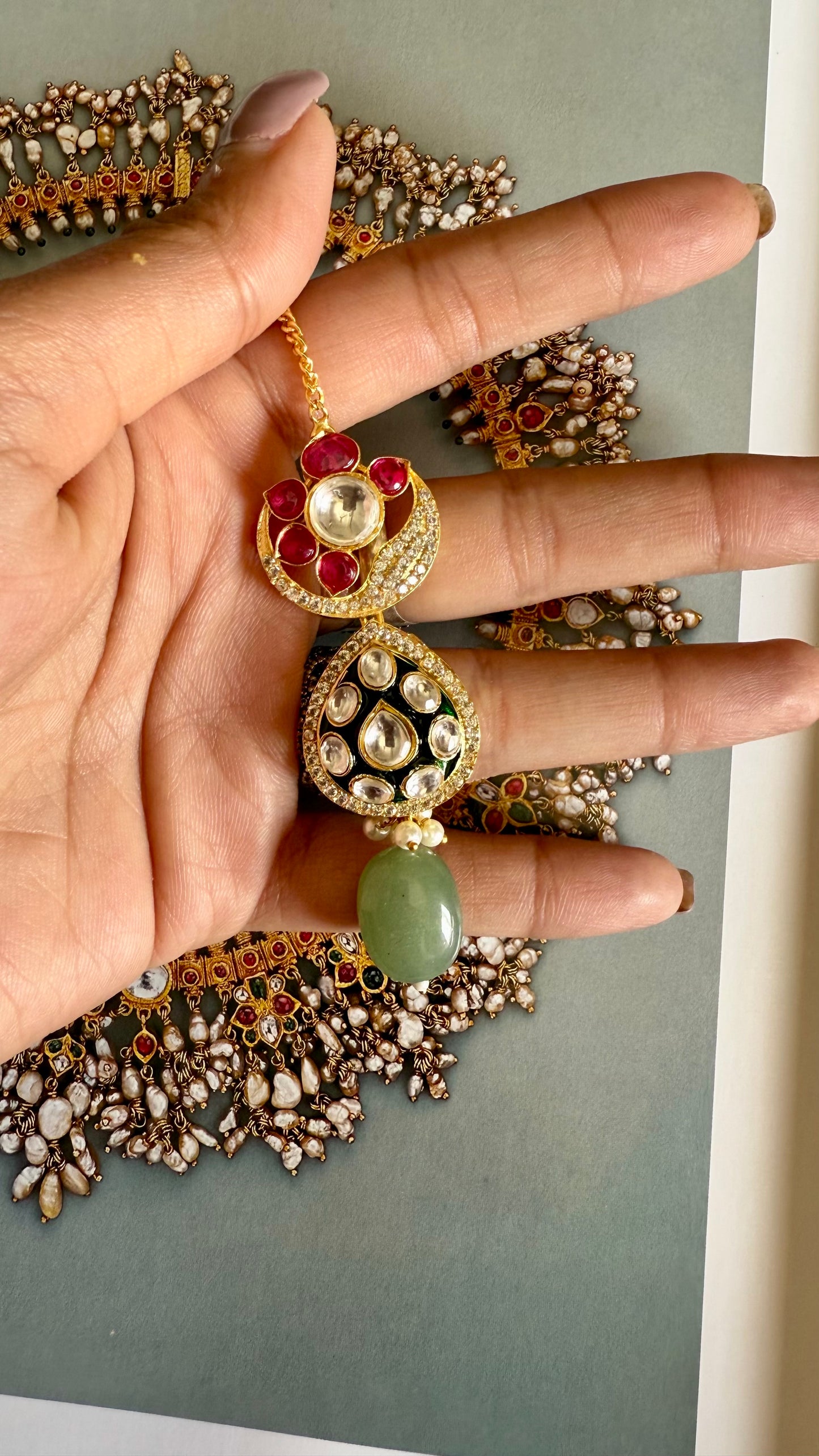 Emerald meenakari mint drop & ruby flower maang tika