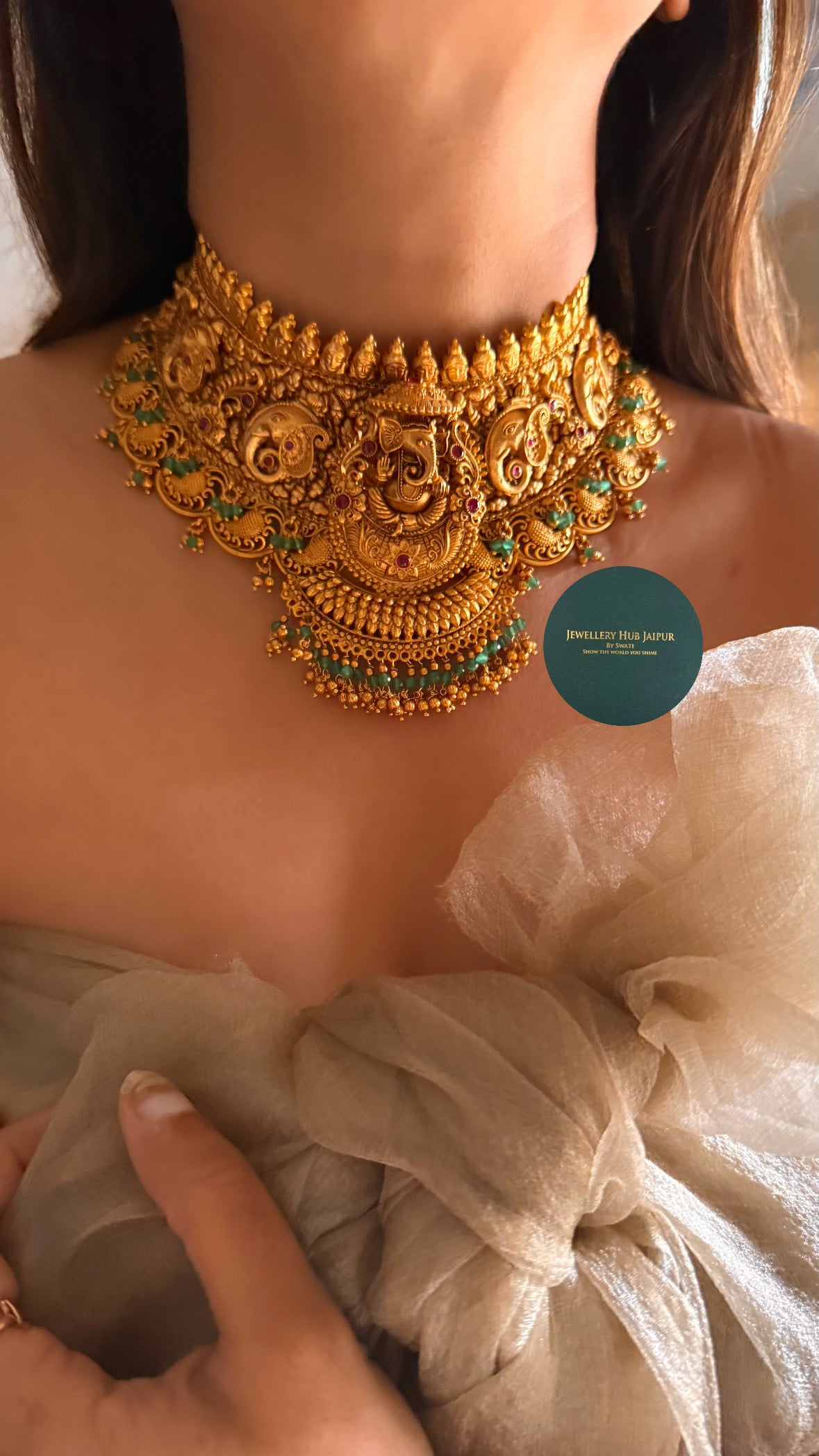 Lord ganesh and rani pink with mint drop choker set