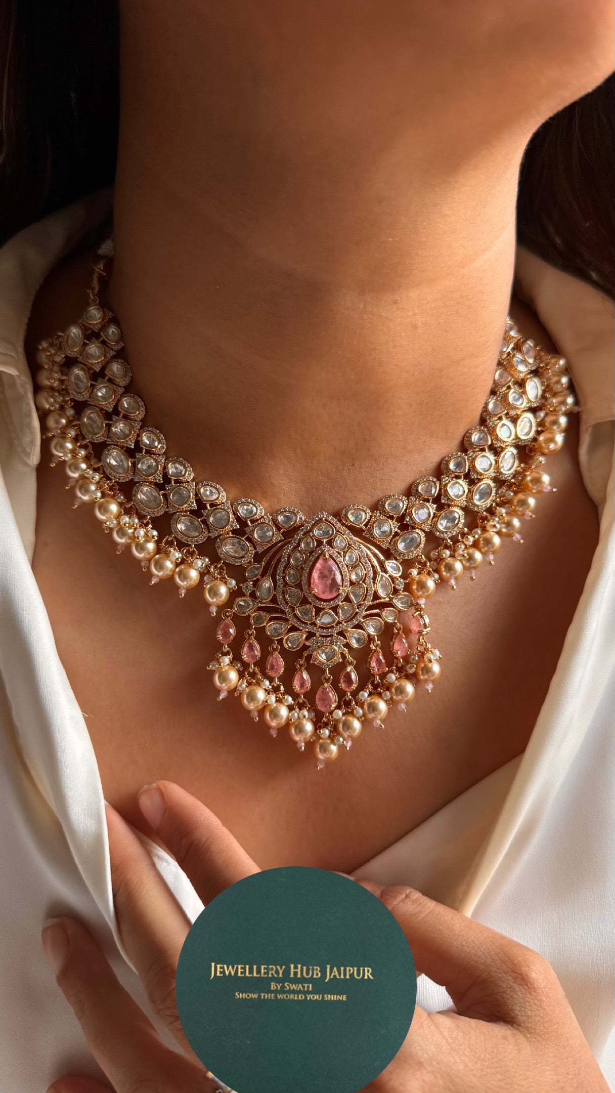 Rose quartz doublets & Moissanite polki Necklace with maangtika