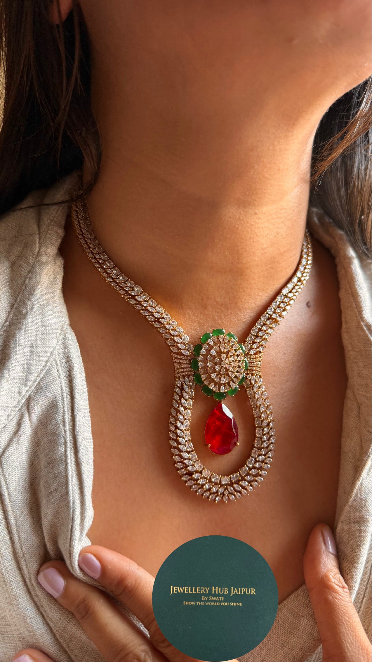 Emerald & ruby doublets with cz diamond designer necklace